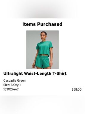 Lululemon Ultralight Waist Length T Shirt Sz 6